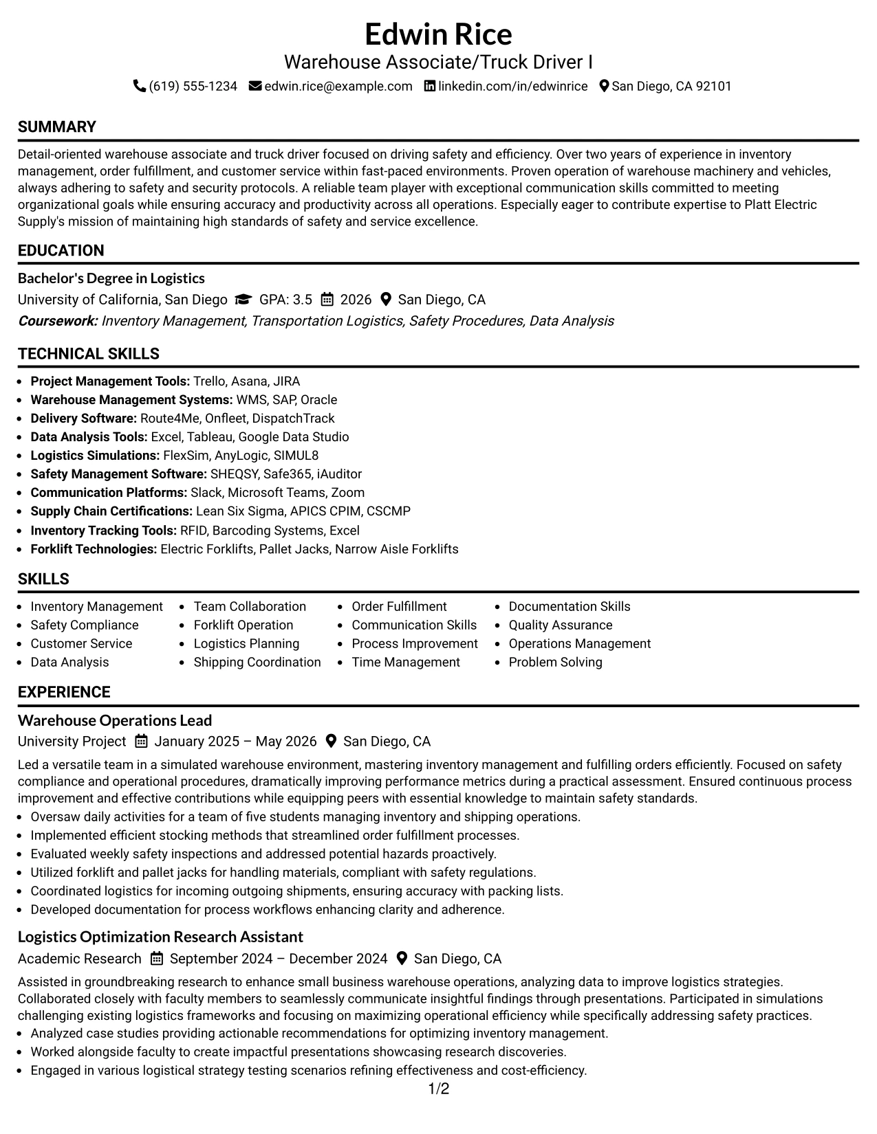 Resume Example Page 1