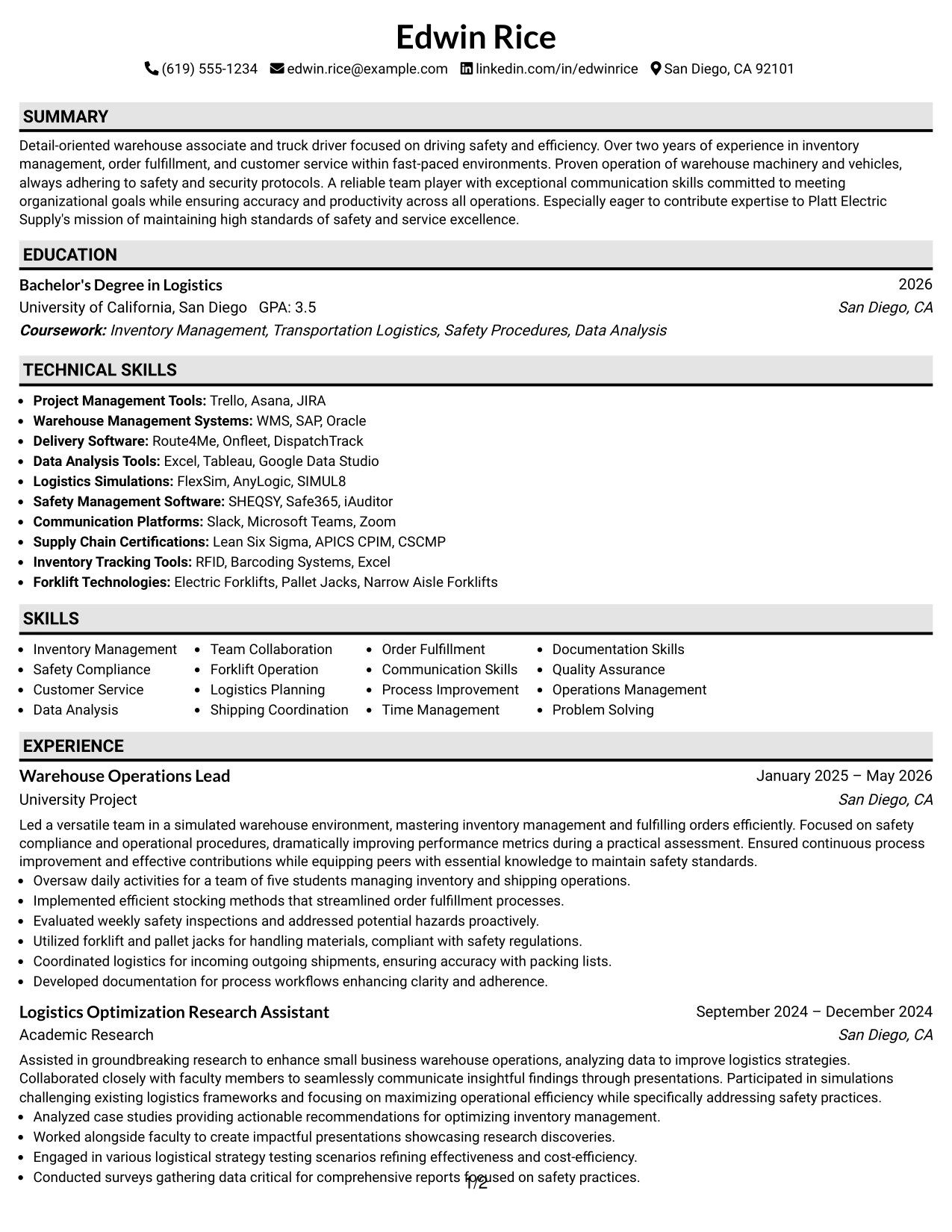 Resume Example Page 1