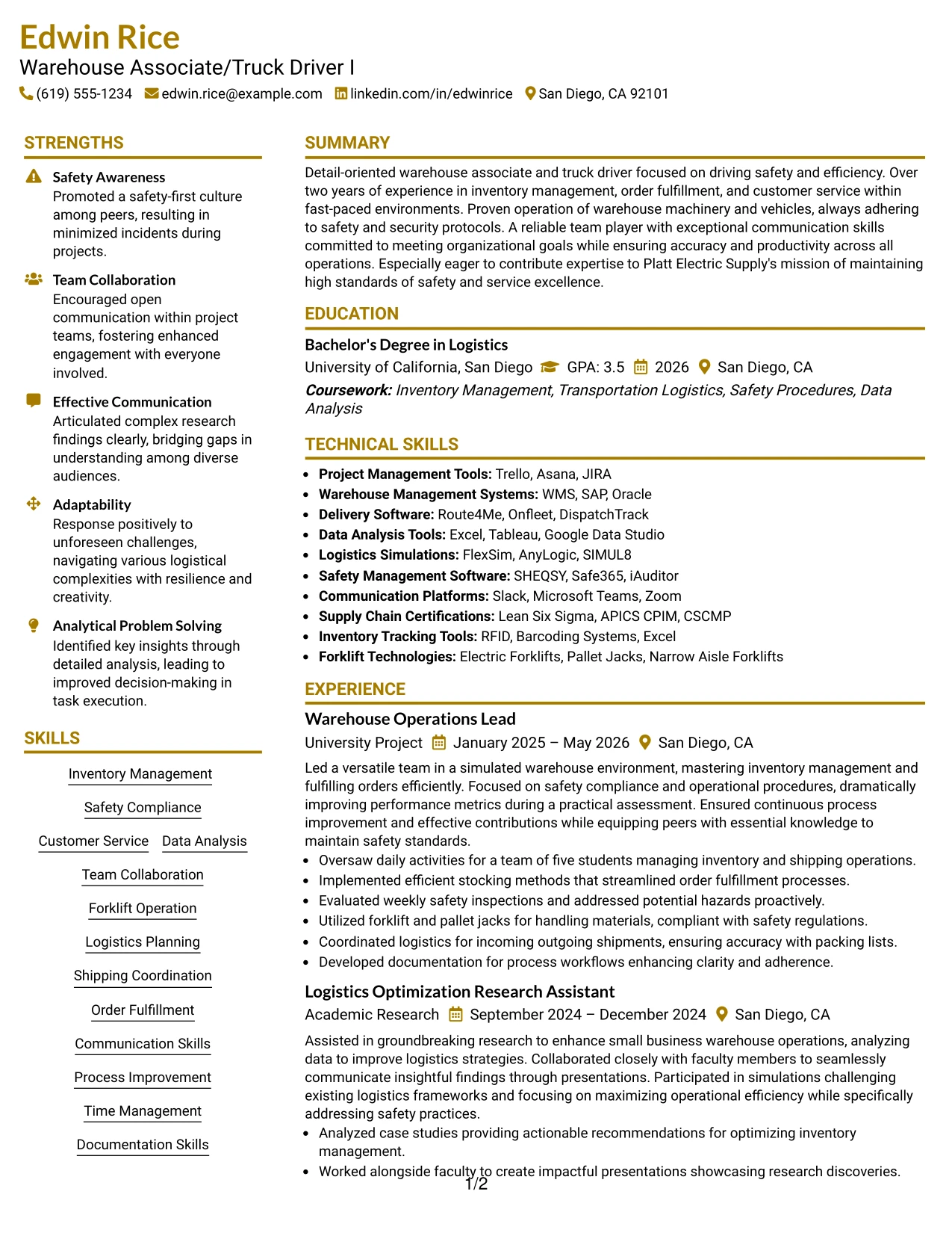 Resume Example Page 1