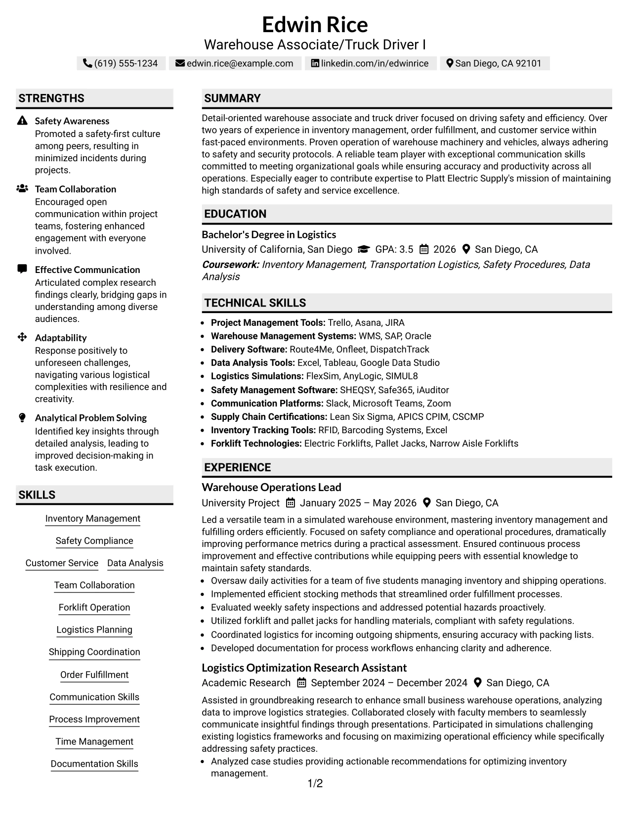 Resume Example Page 1