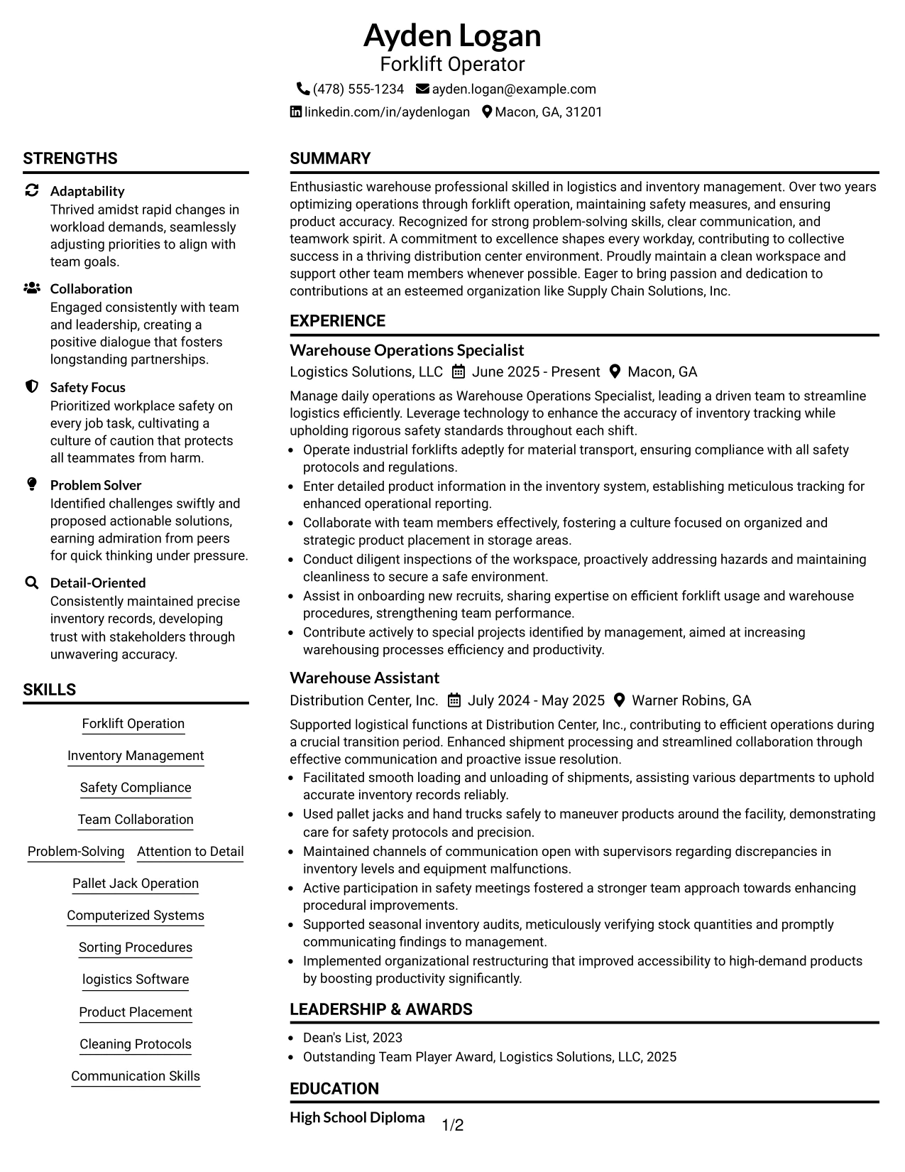 Resume Example Page 1
