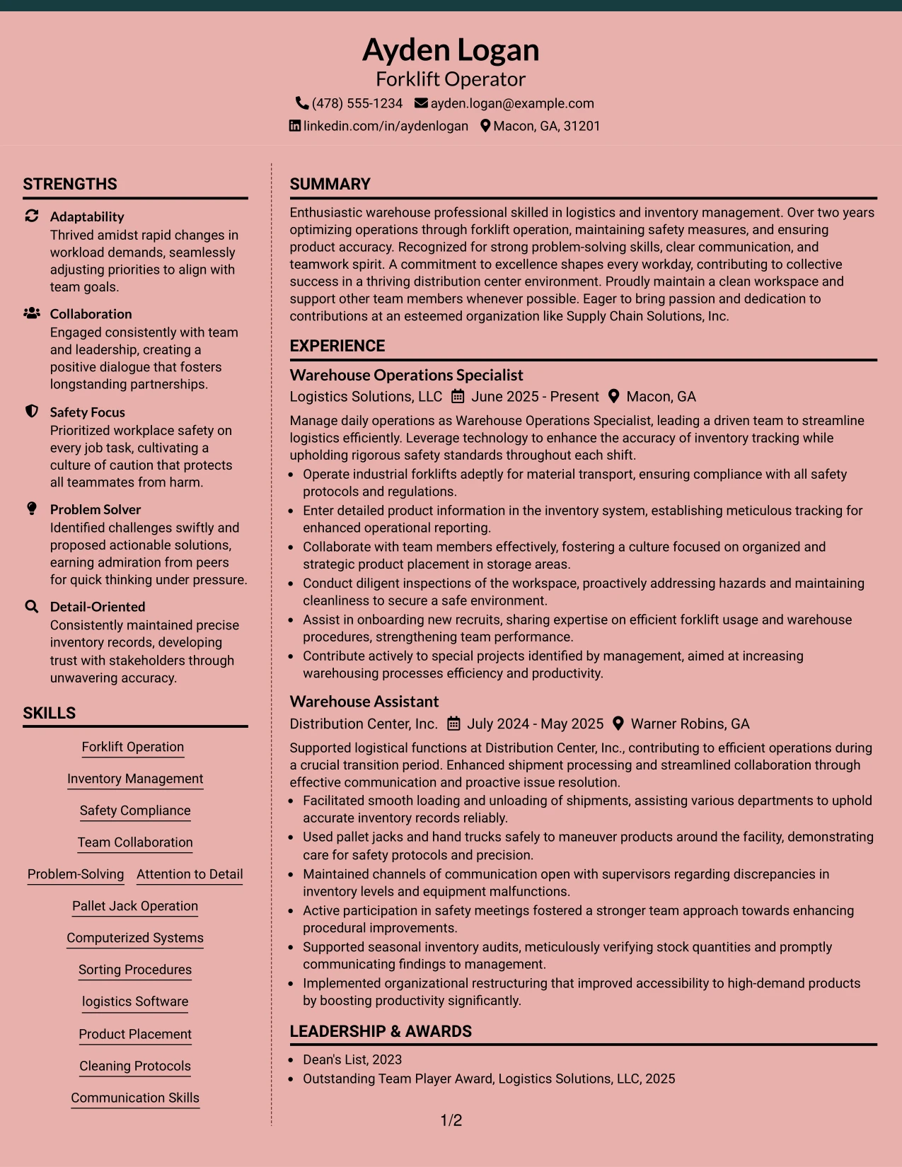 Resume Example Page 1