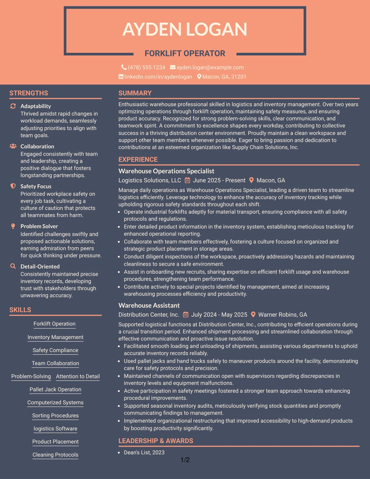 Resume Example Page 1