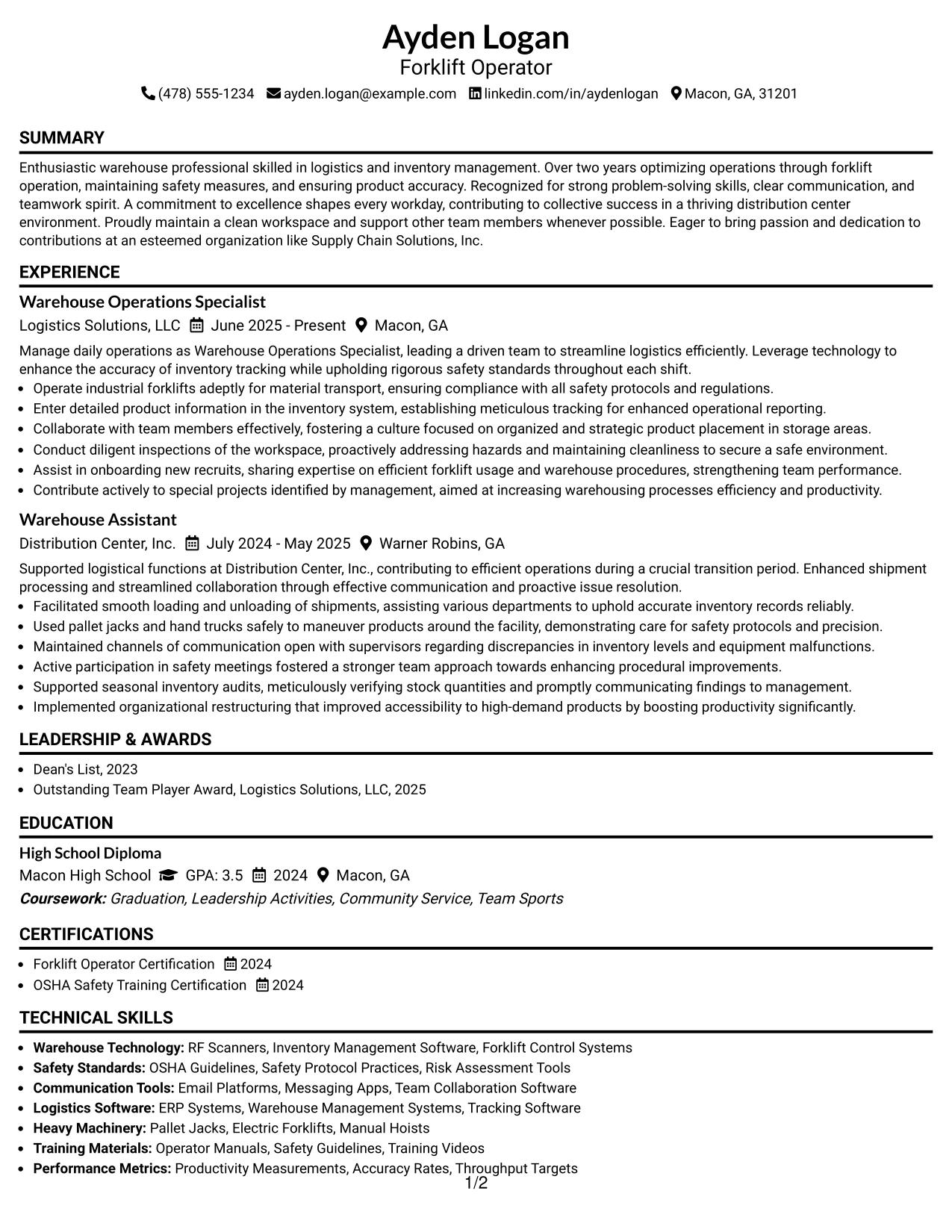 Resume Example Page 1