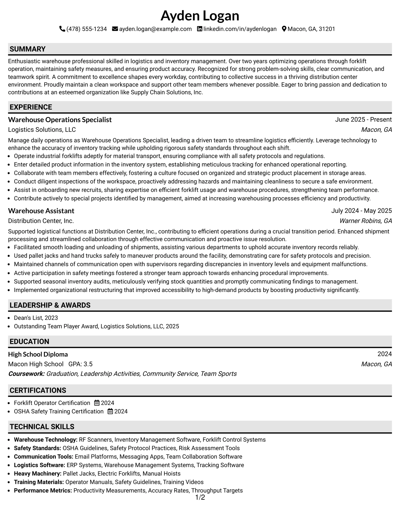 Resume Example Page 1