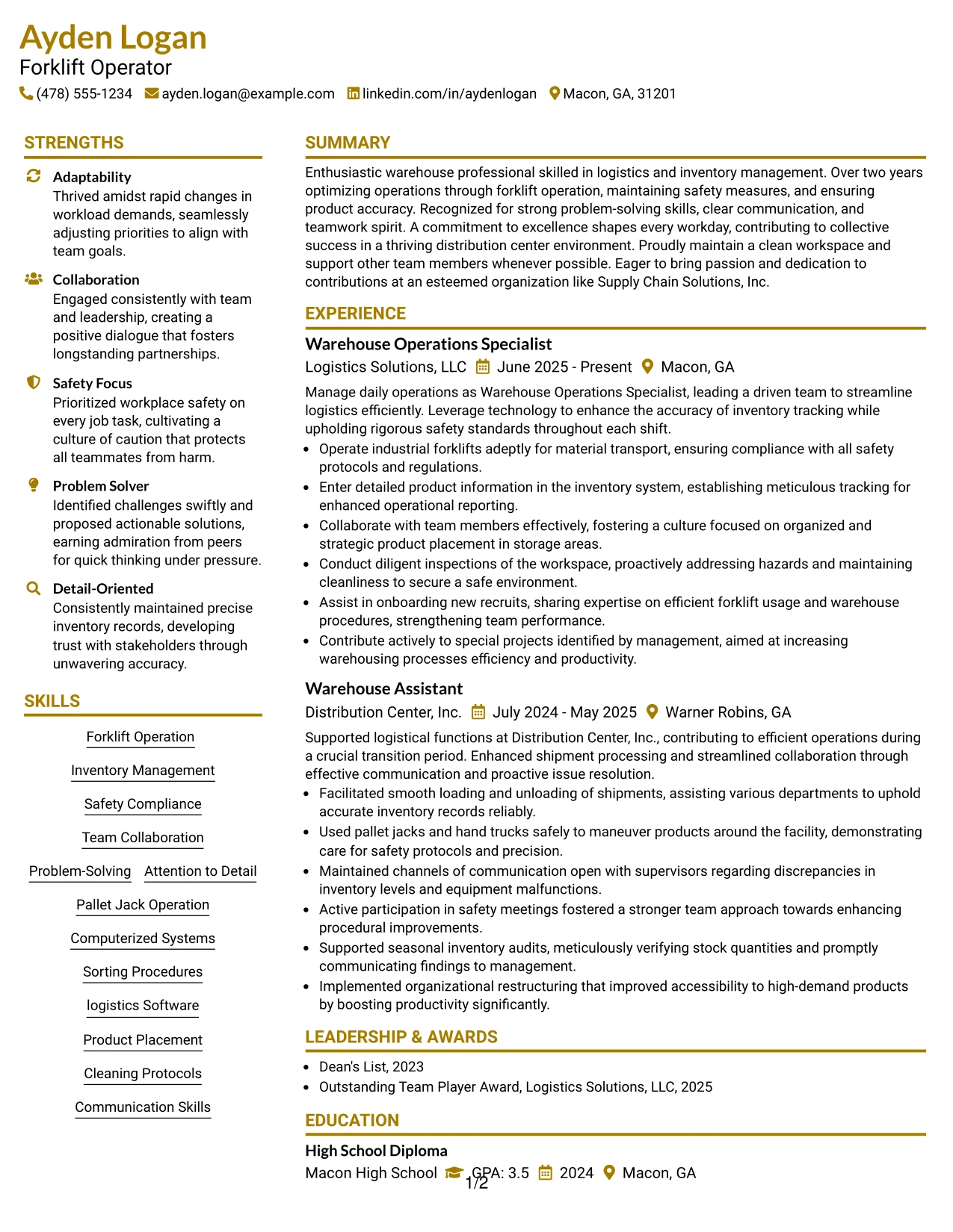 Resume Example Page 1