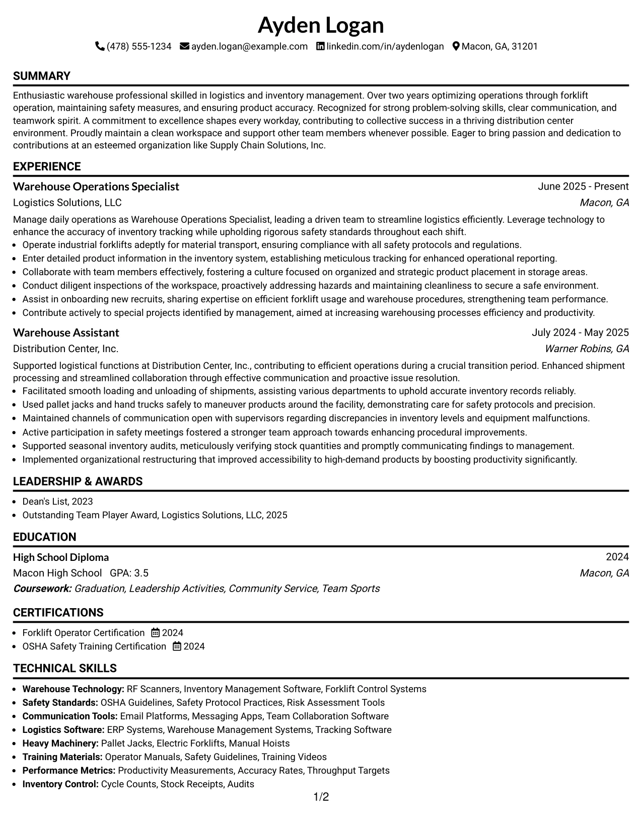 Resume Example Page 1