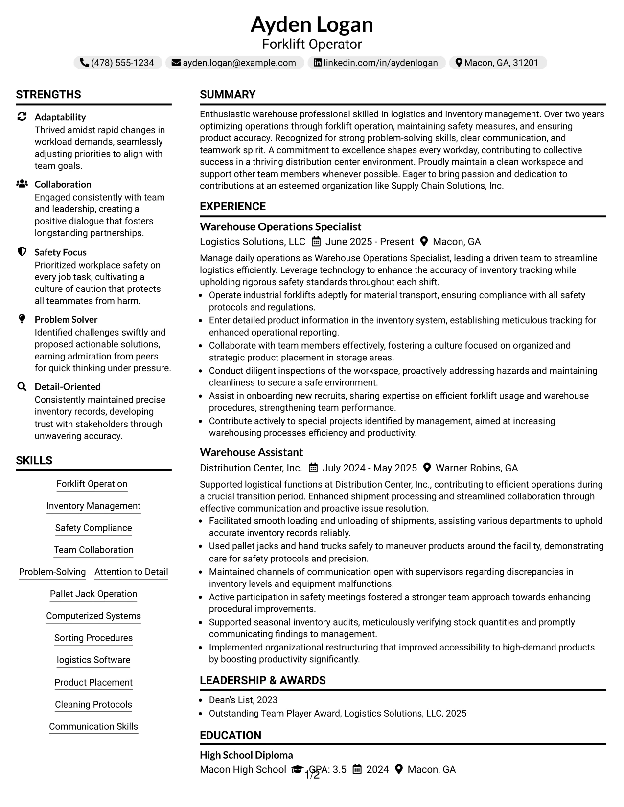 Resume Example Page 1