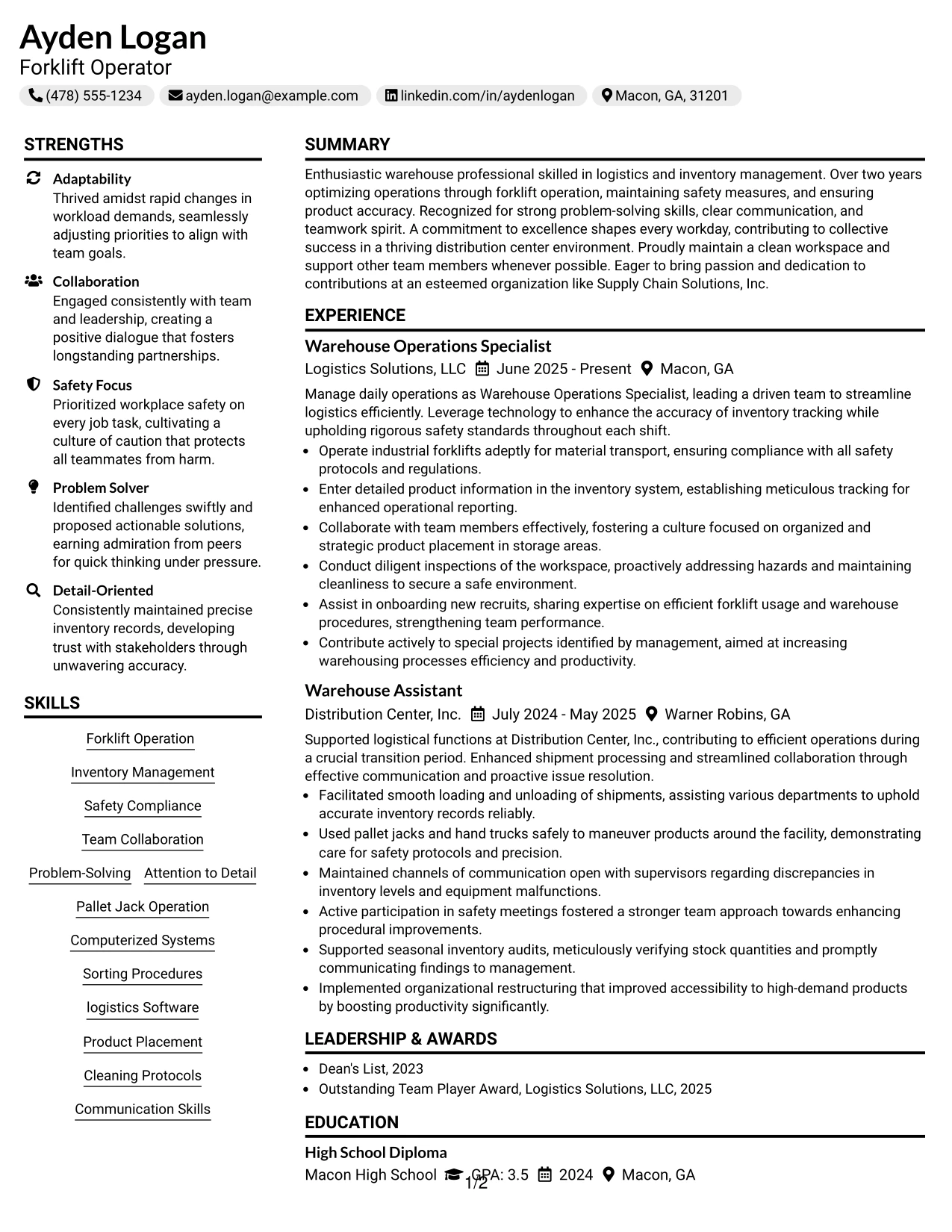 Resume Example Page 1