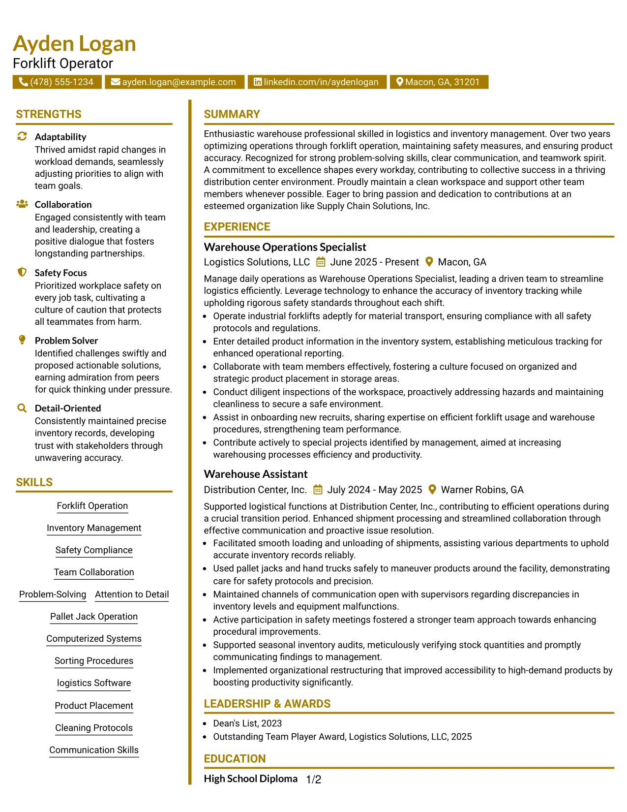 Resume Example Page 1