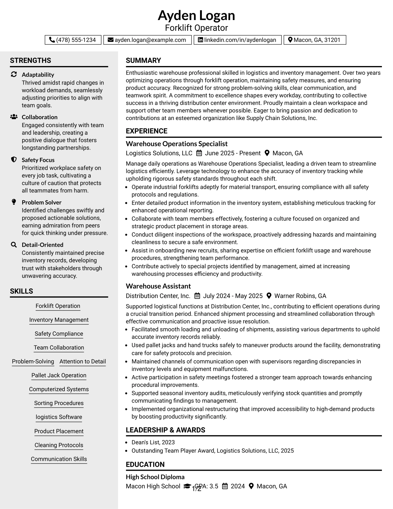 Resume Example Page 1
