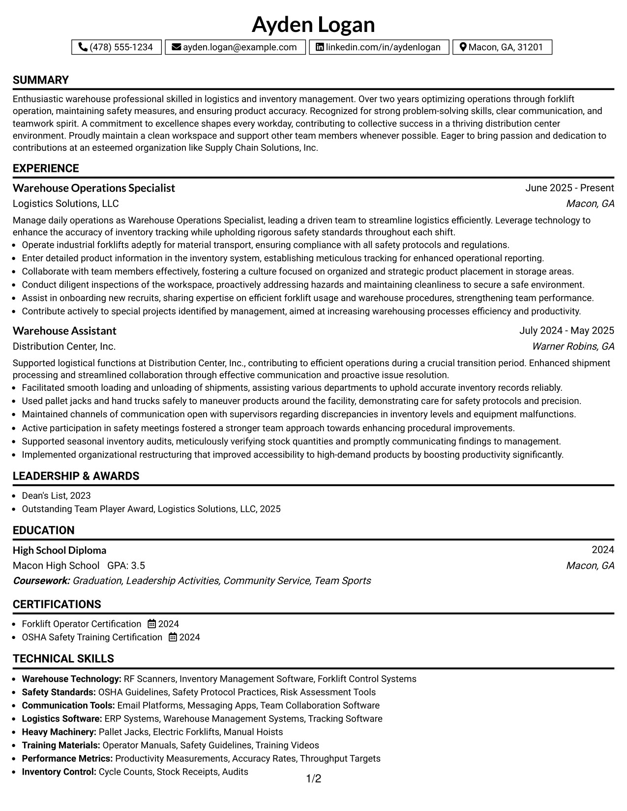 Resume Example Page 1