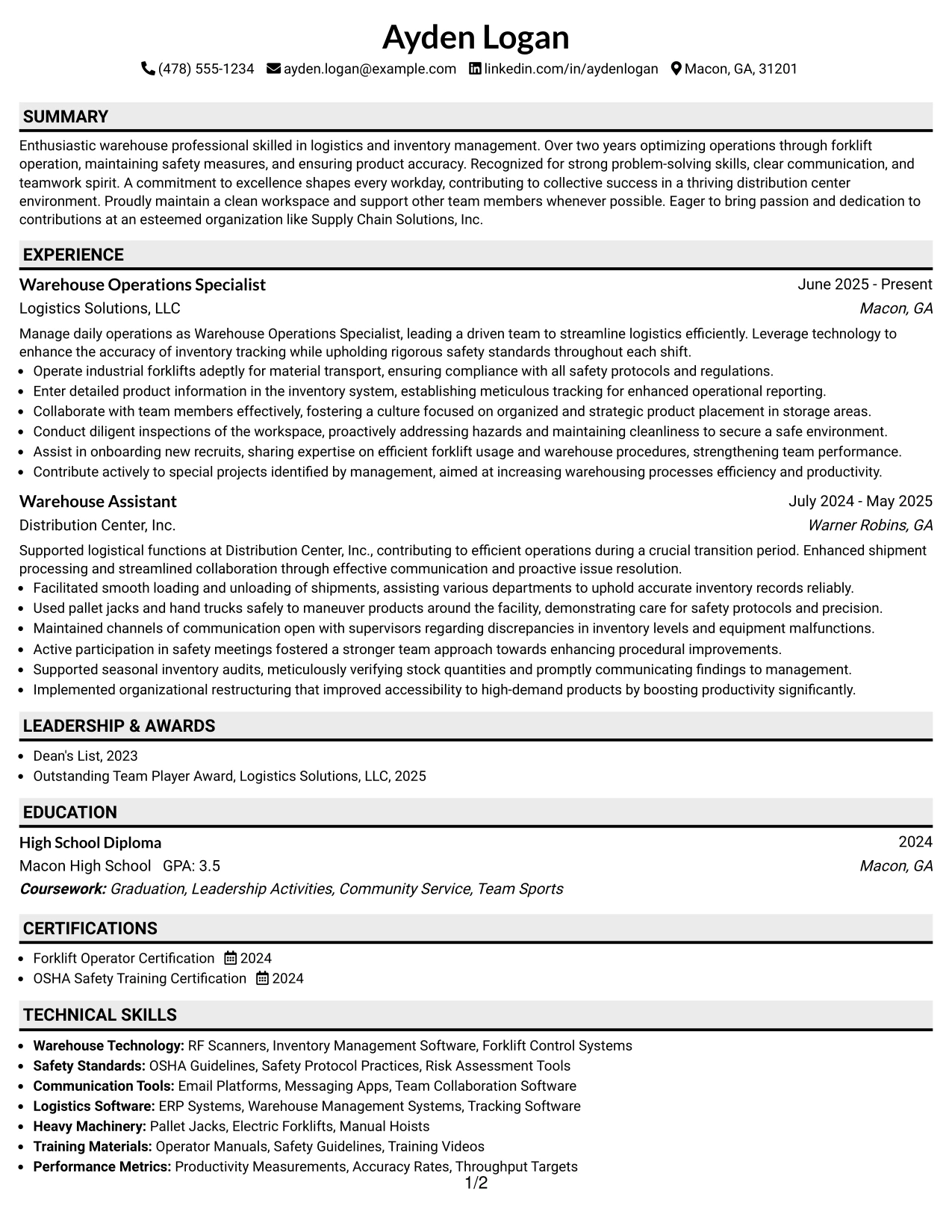 Resume Example Page 1