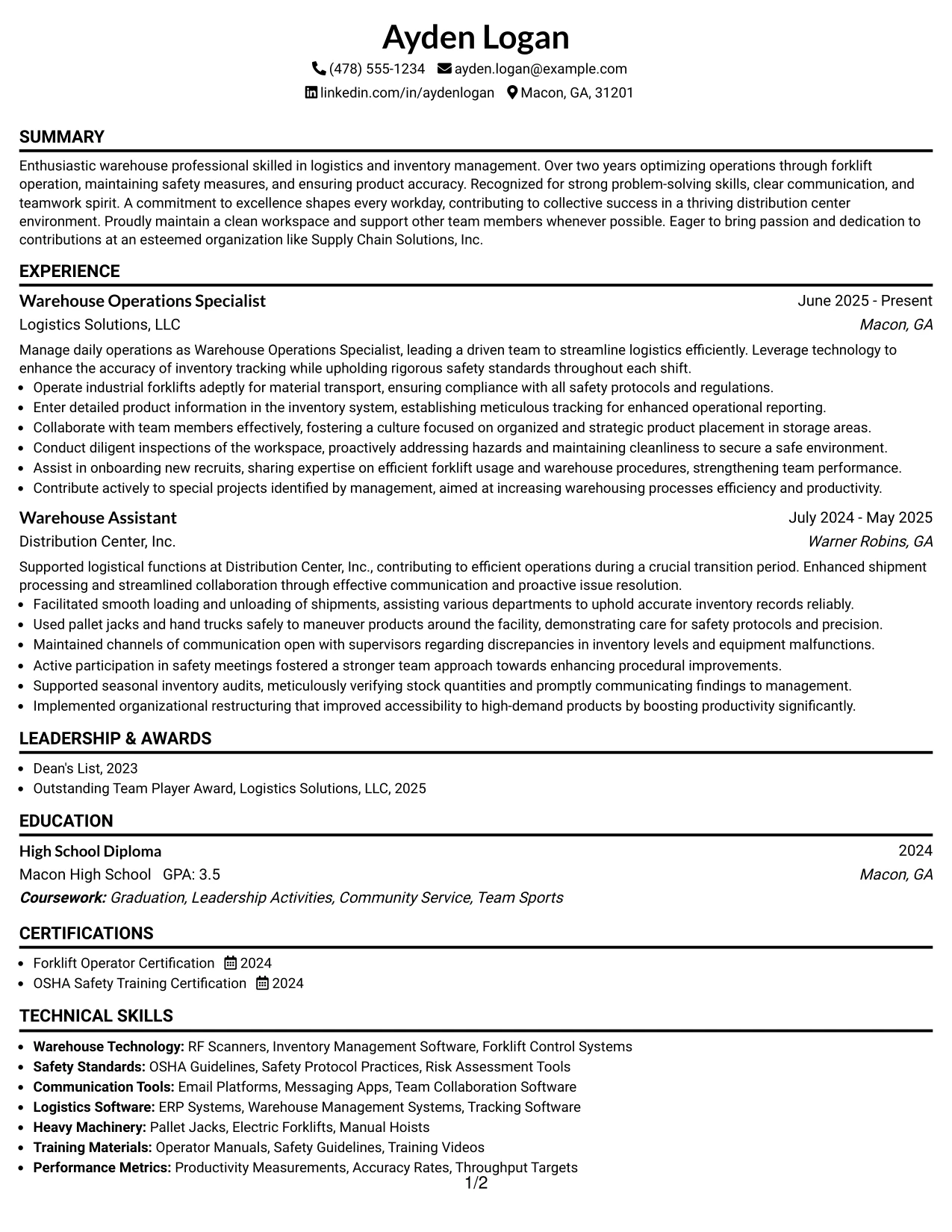 Resume Example Page 1