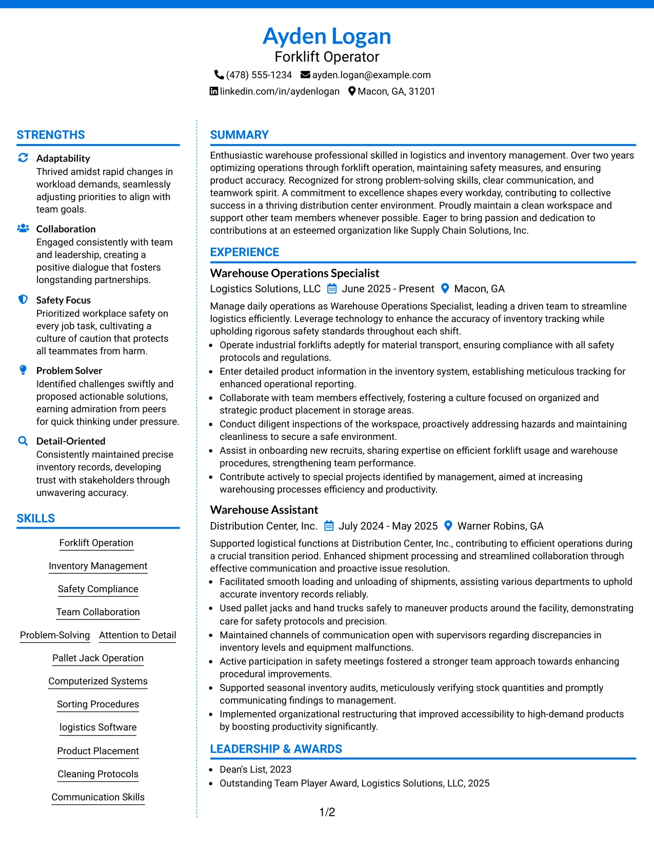 Resume Example Page 1