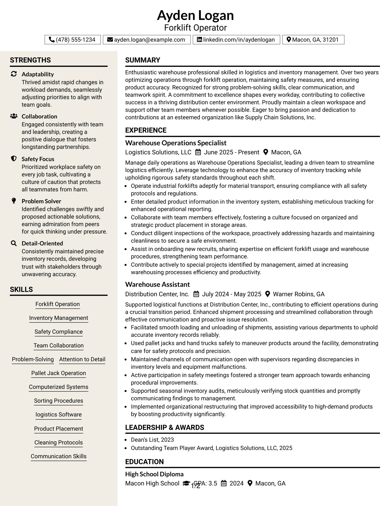 Resume Example Page 1