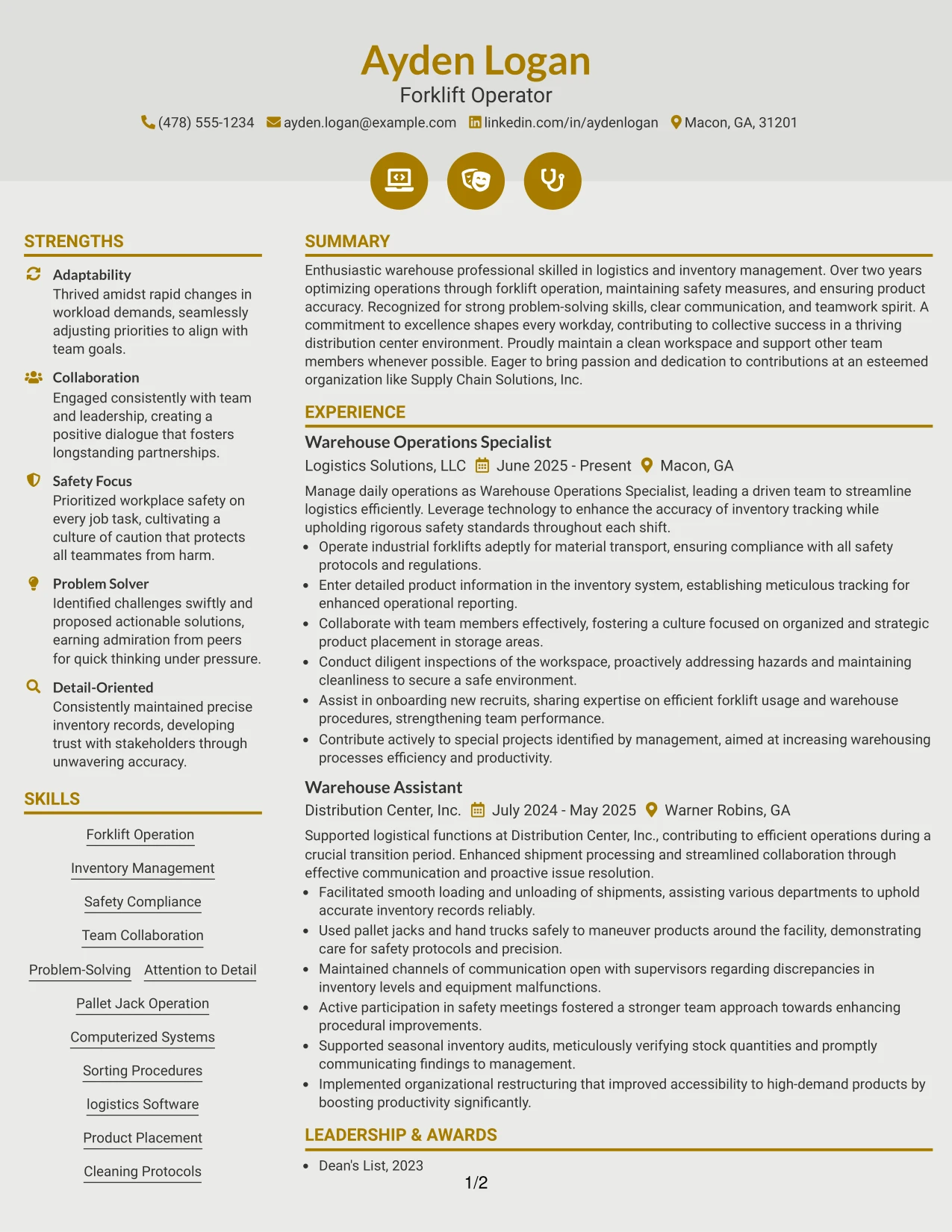 Resume Example Page 1