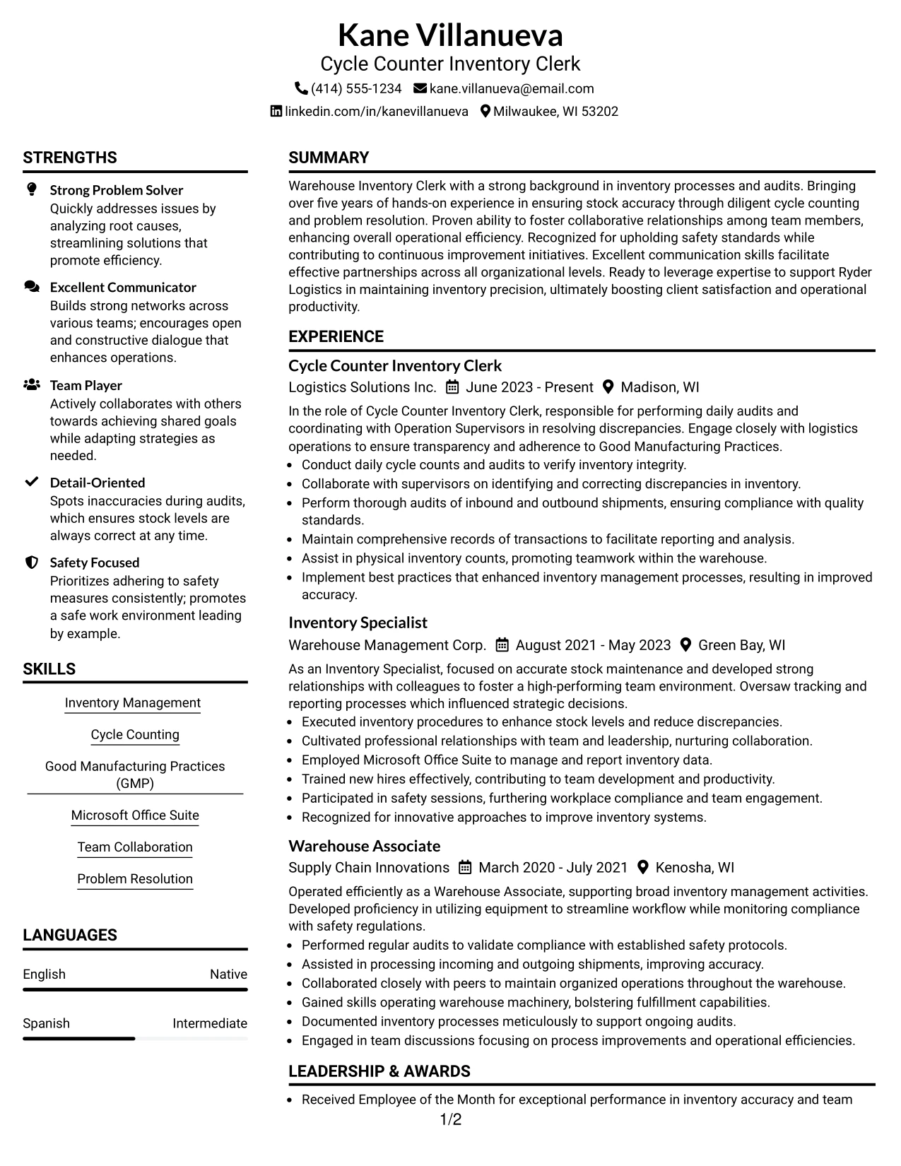 Resume Example Page 1