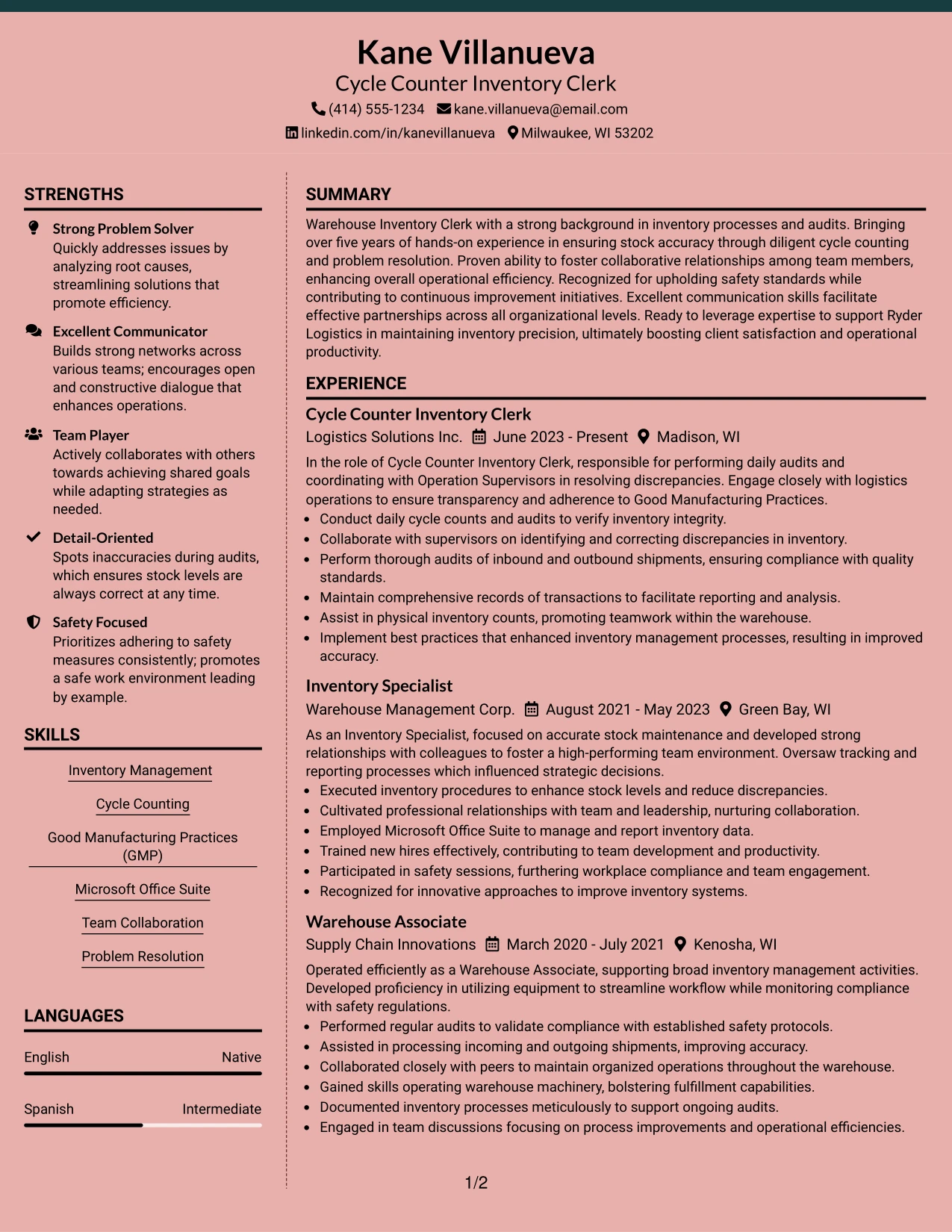 Resume Example Page 1