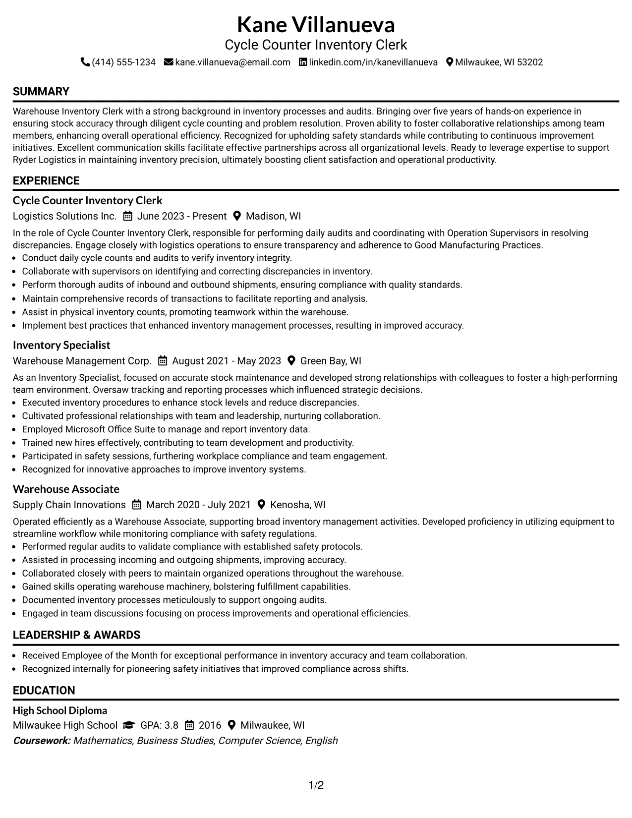Resume Example Page 1