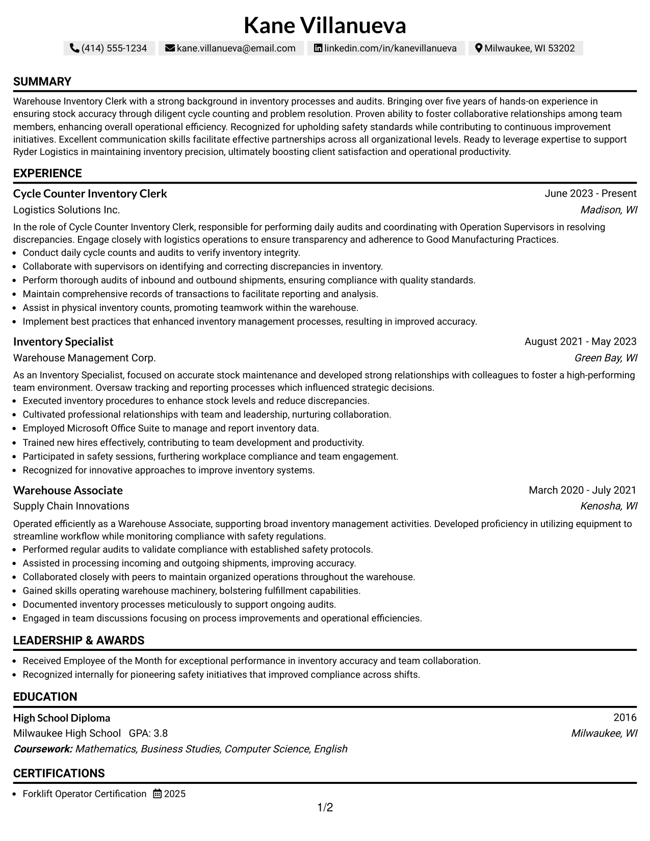 Resume Example Page 1