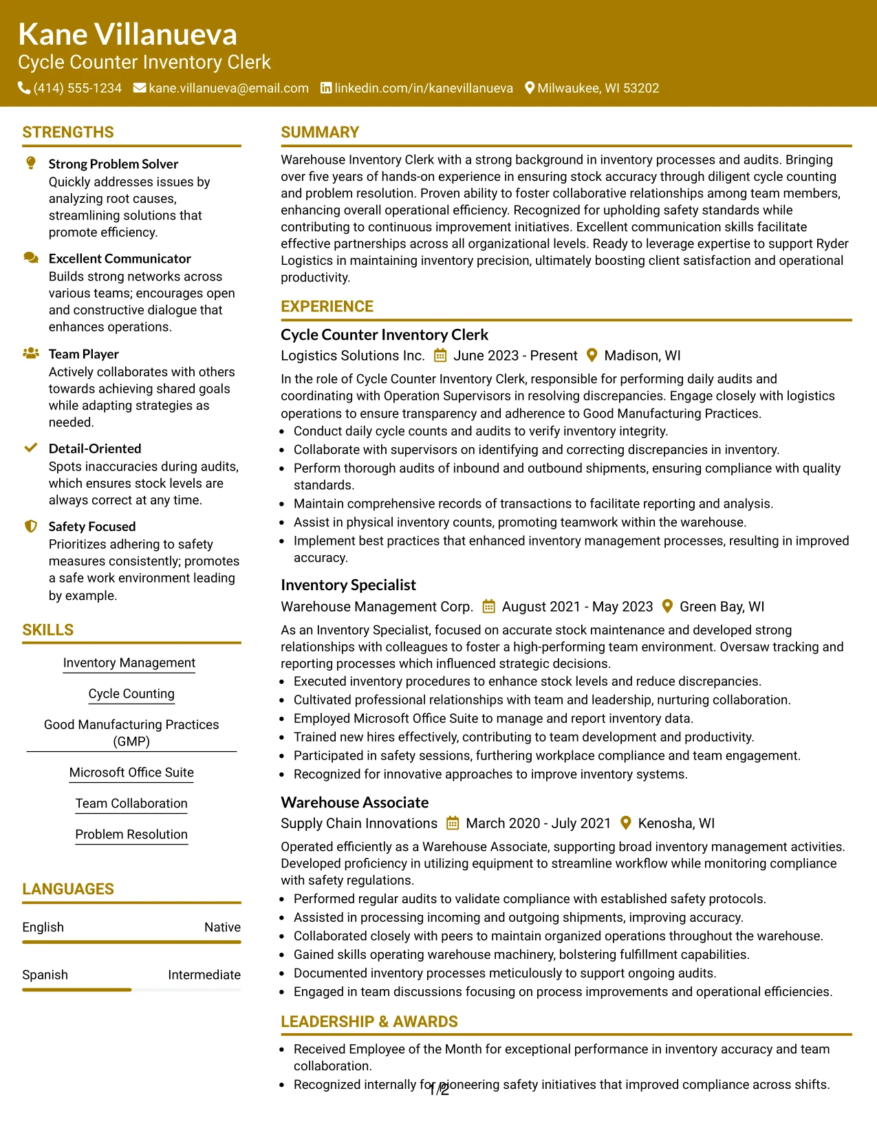 Resume Example Page 1