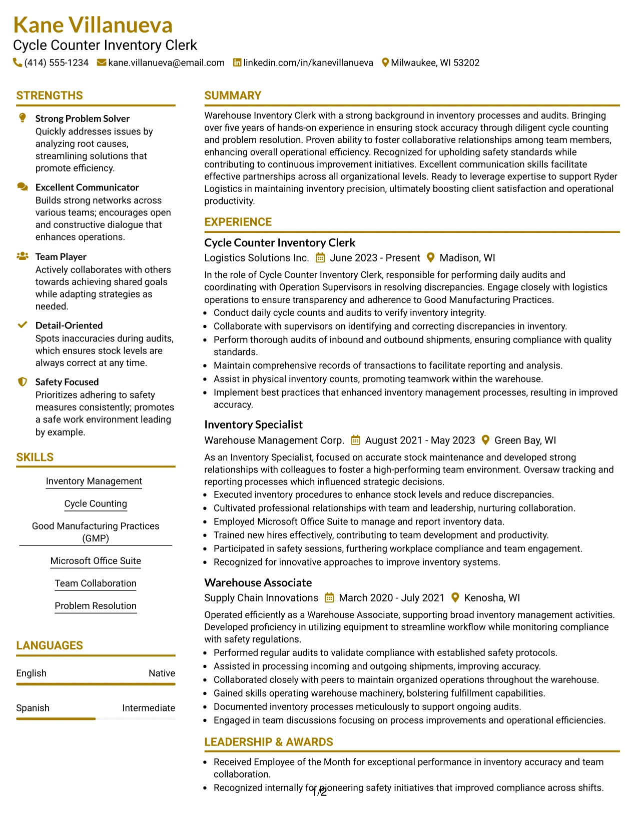 Resume Example Page 1