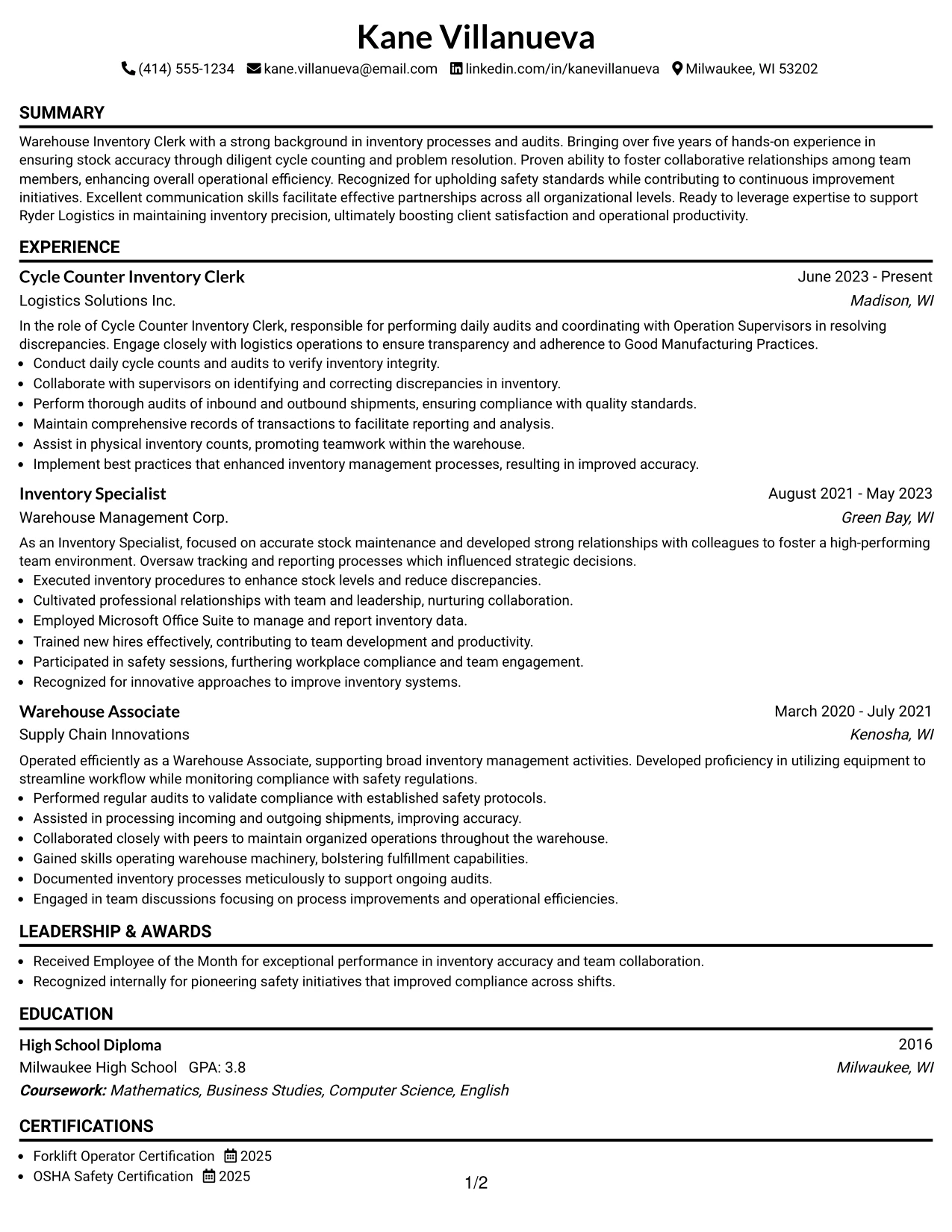 Resume Example Page 1