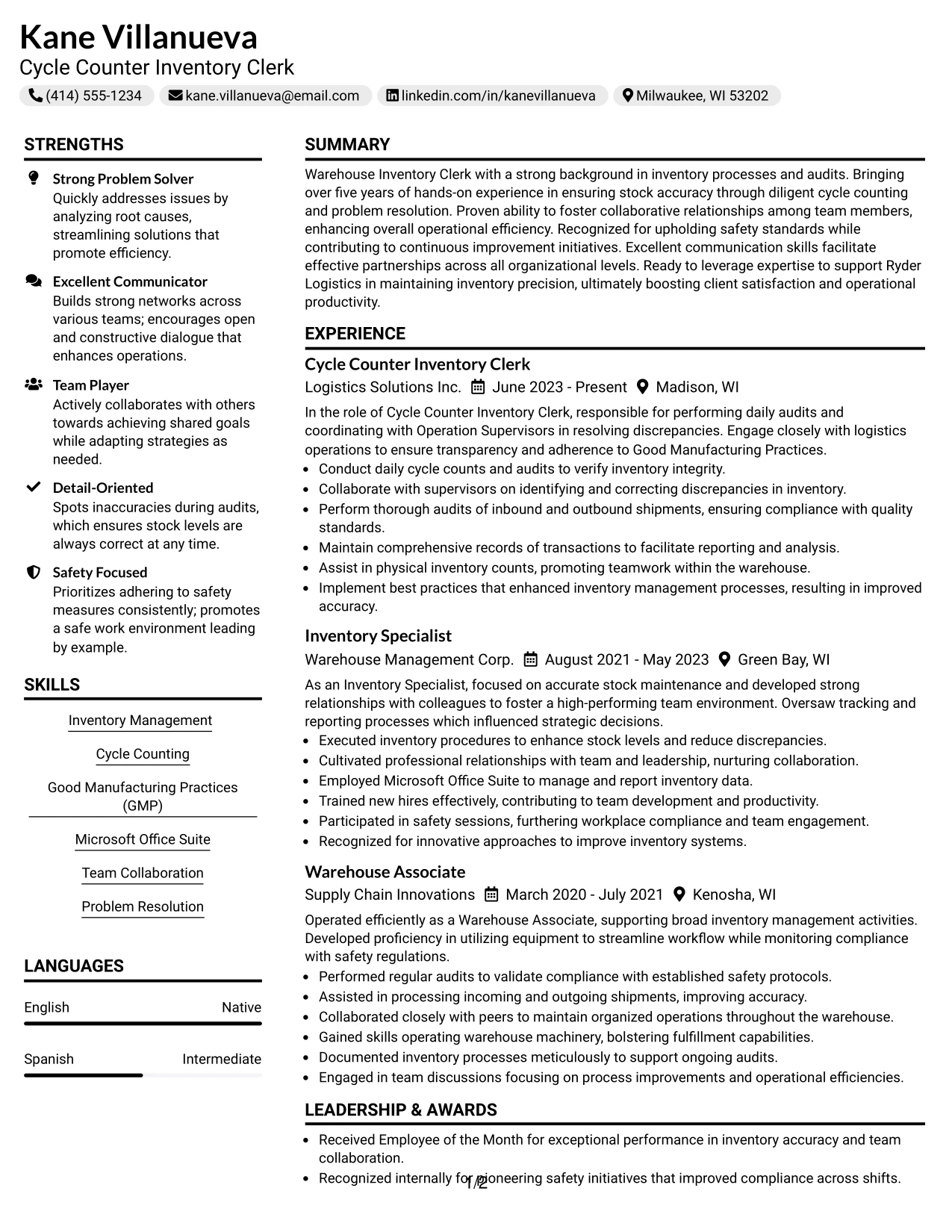 Resume Example Page 1