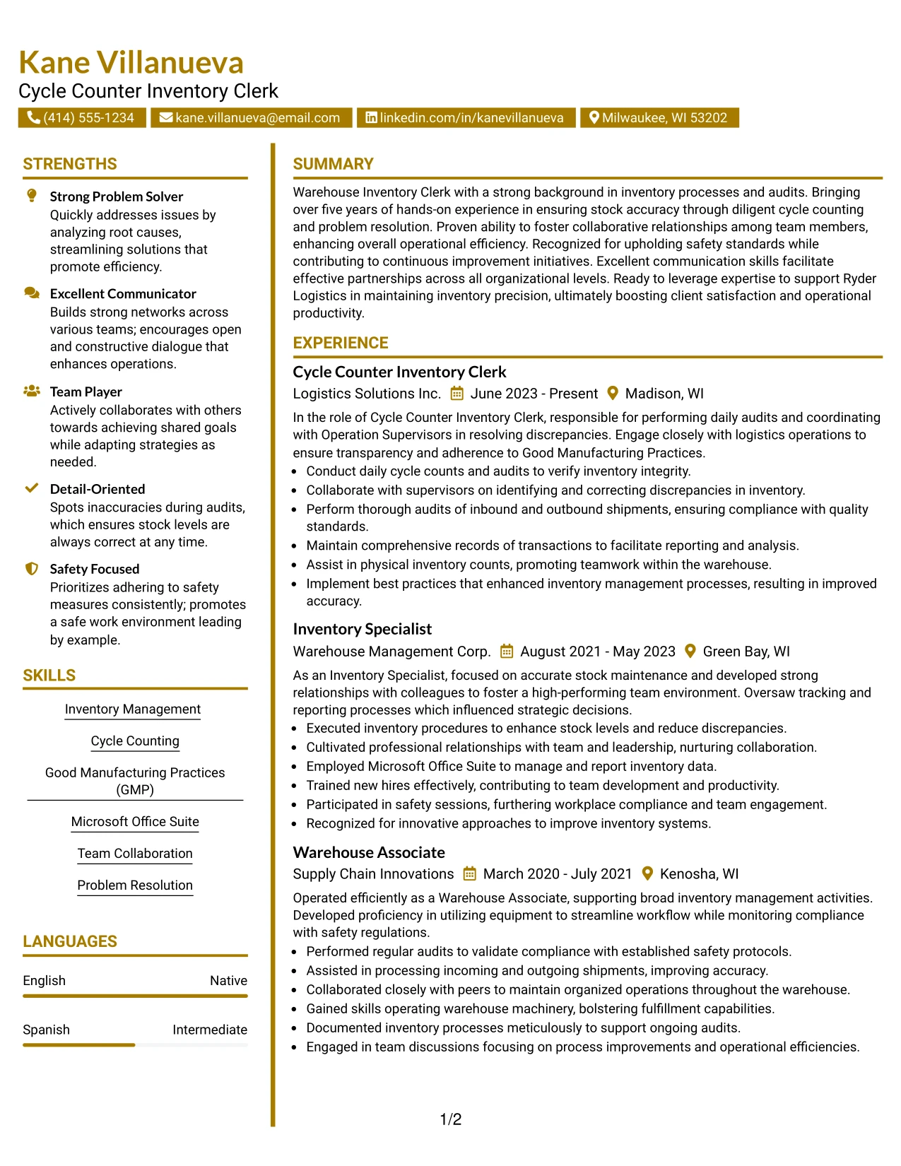 Resume Example Page 1