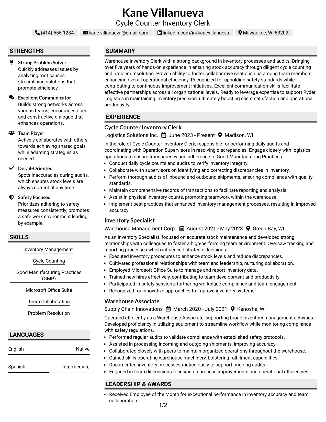 Resume Example Page 1