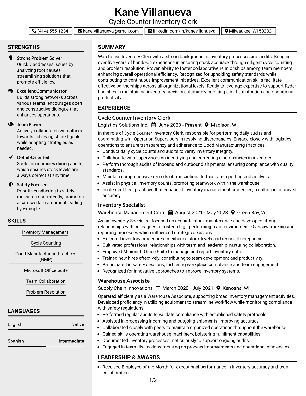Resume Example Page 1
