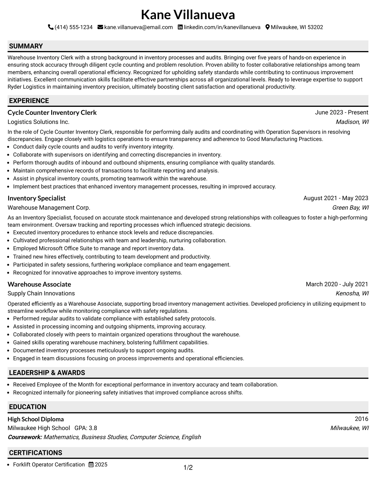 Resume Example Page 1