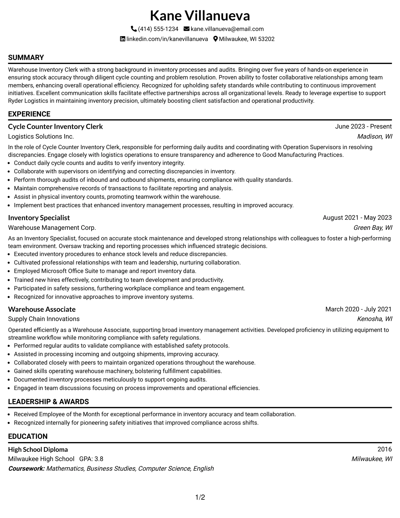 Resume Example Page 1