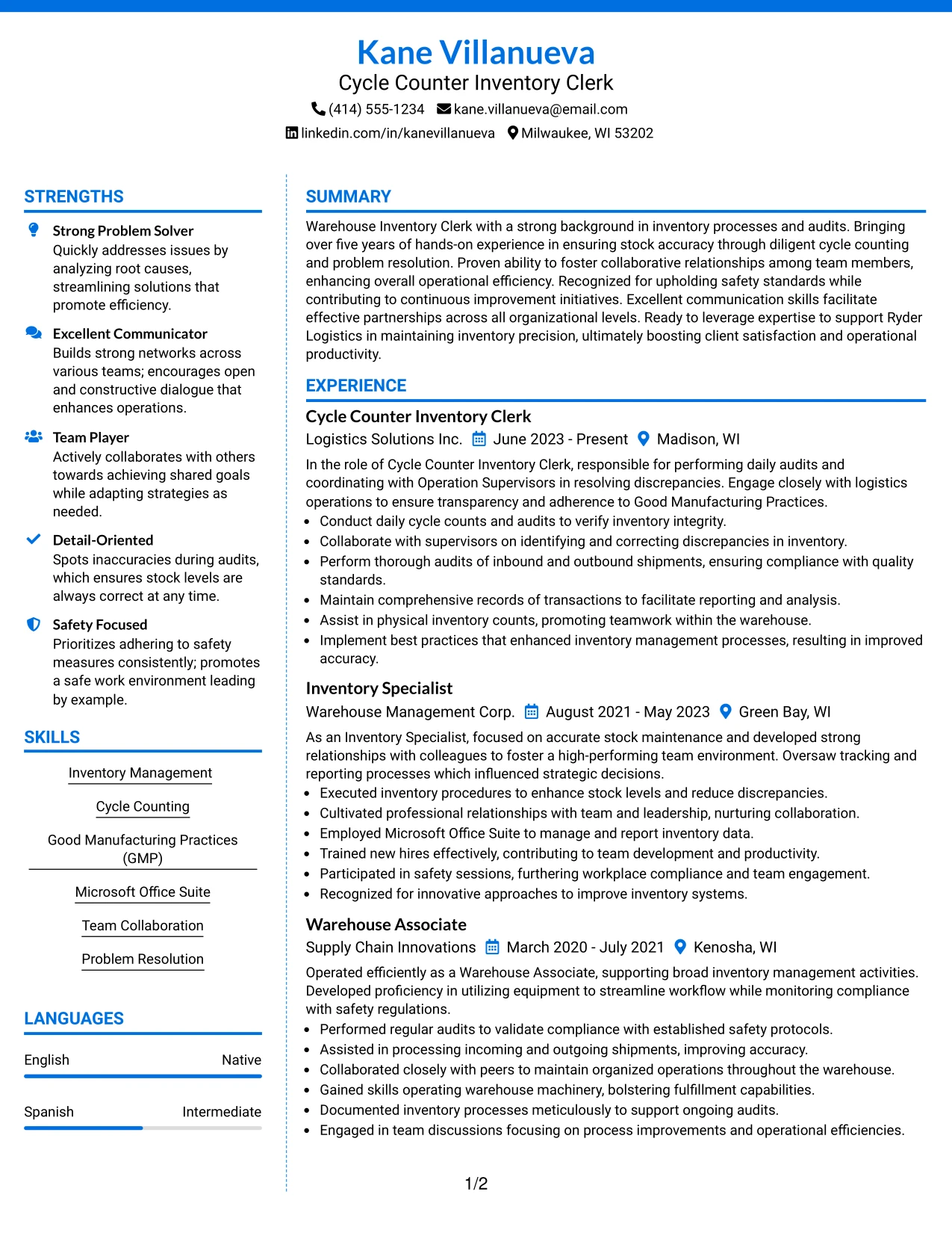 Resume Example Page 1