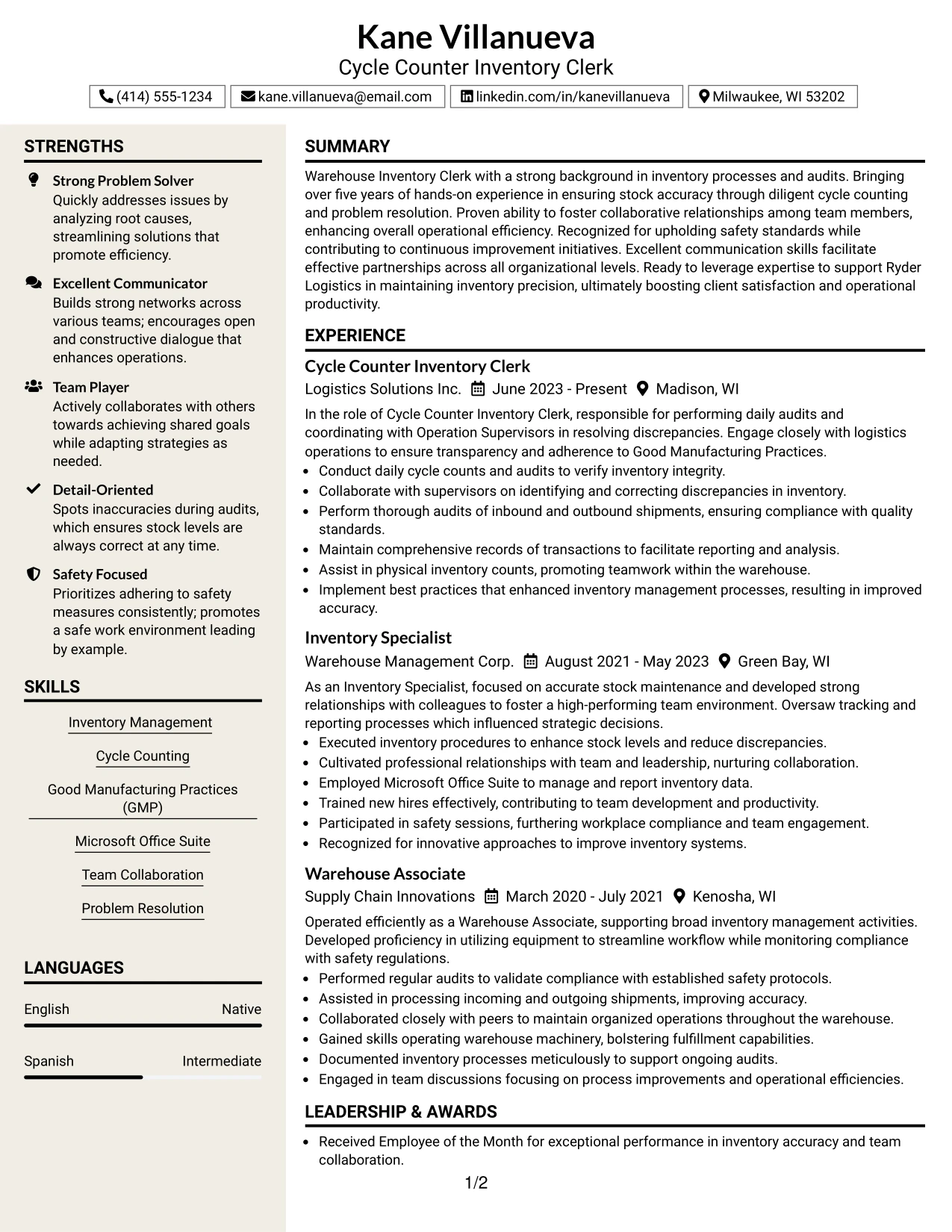 Resume Example Page 1