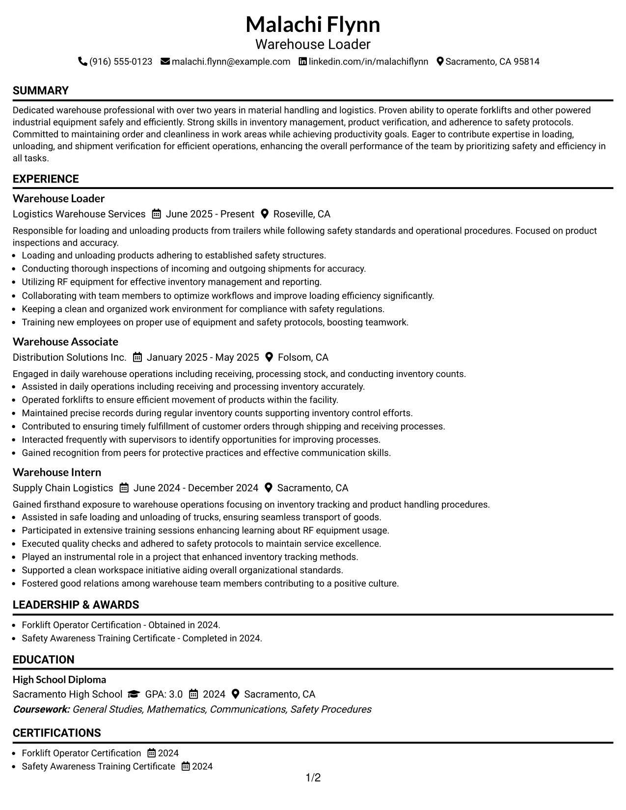 Resume Example Page 1