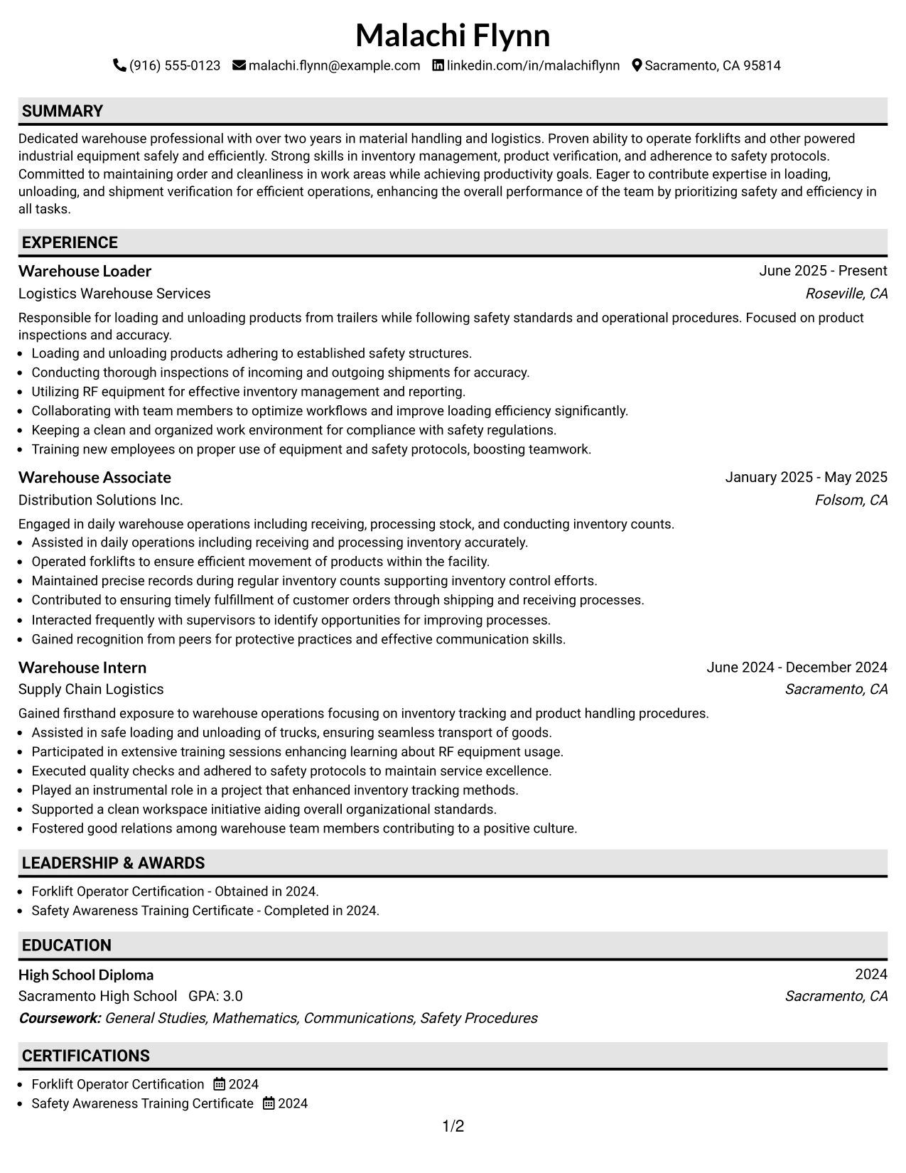 Resume Example Page 1