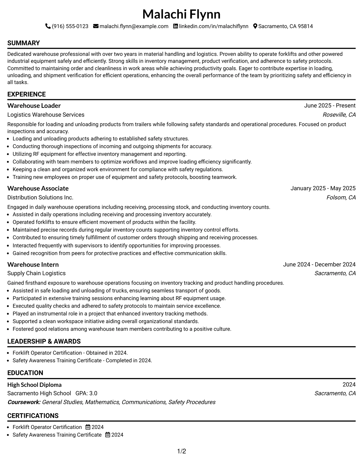 Resume Example Page 1