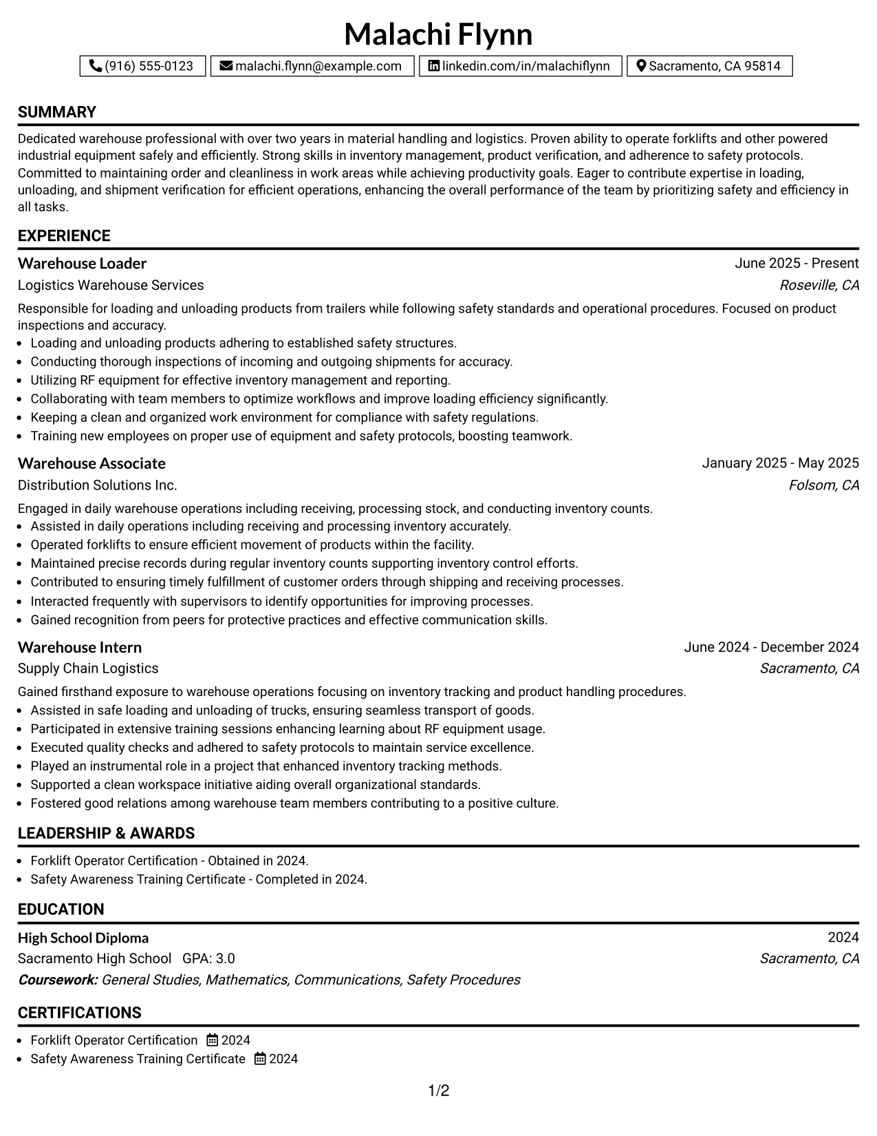 Resume Example Page 1