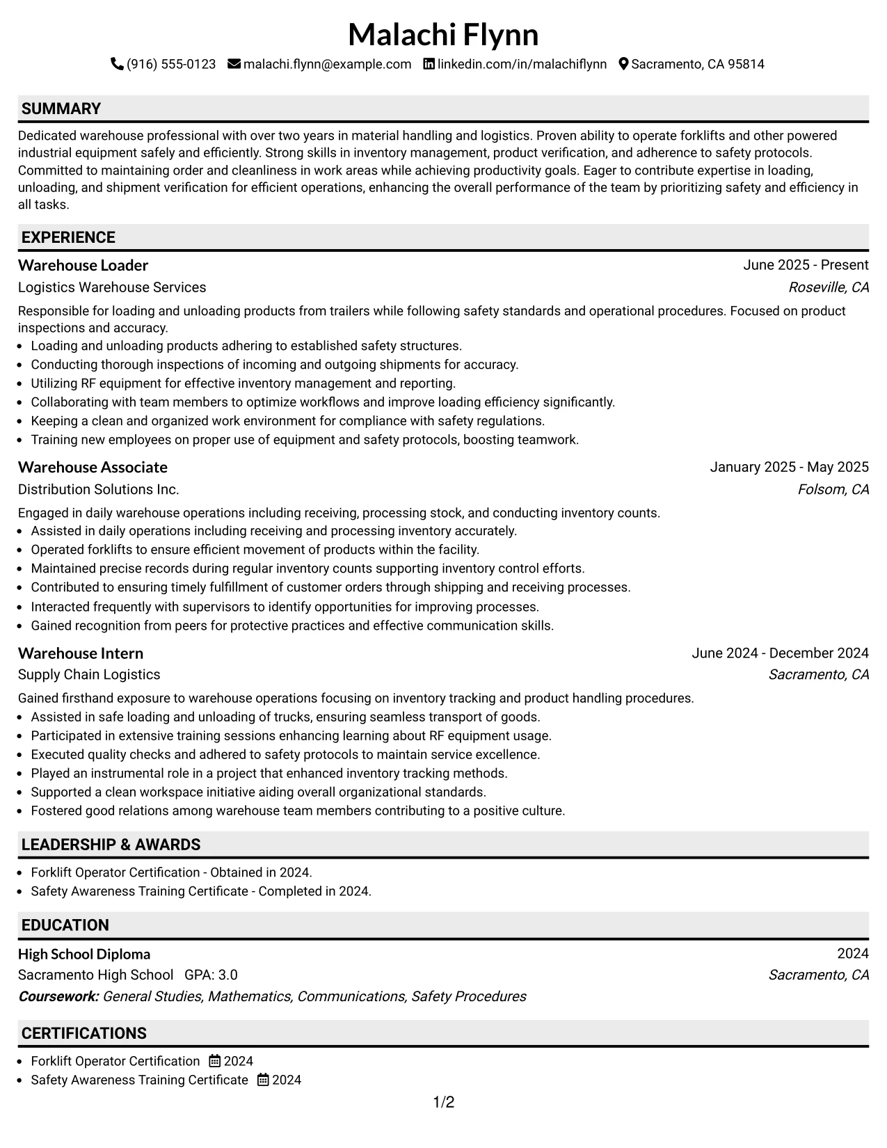 Resume Example Page 1