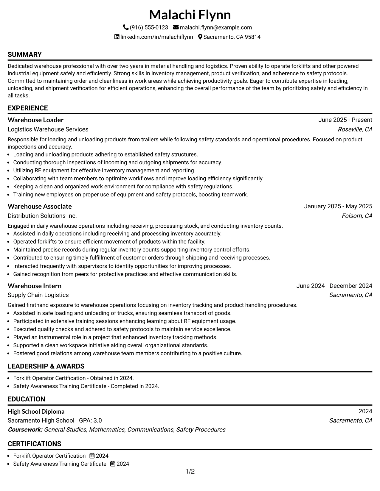 Resume Example Page 1
