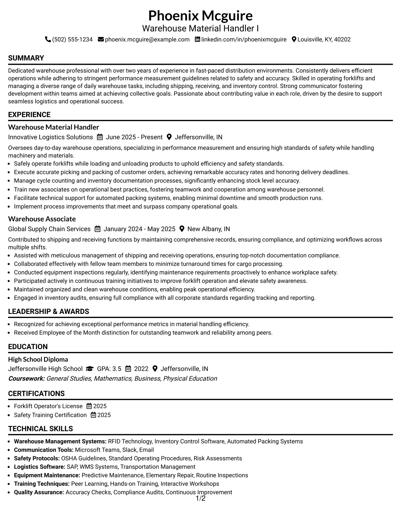 Resume Example Page 1