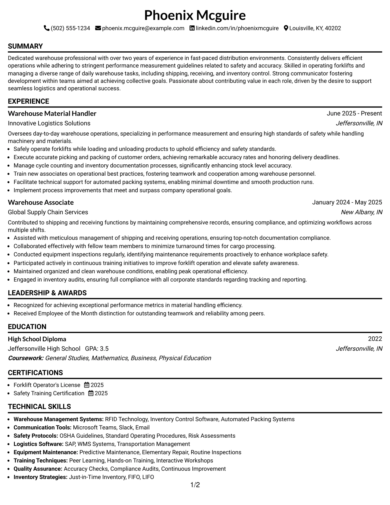 Resume Example Page 1