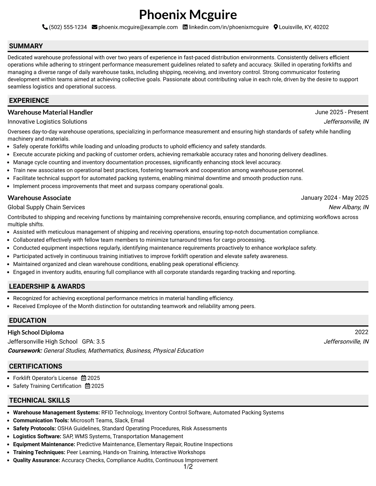 Resume Example Page 1