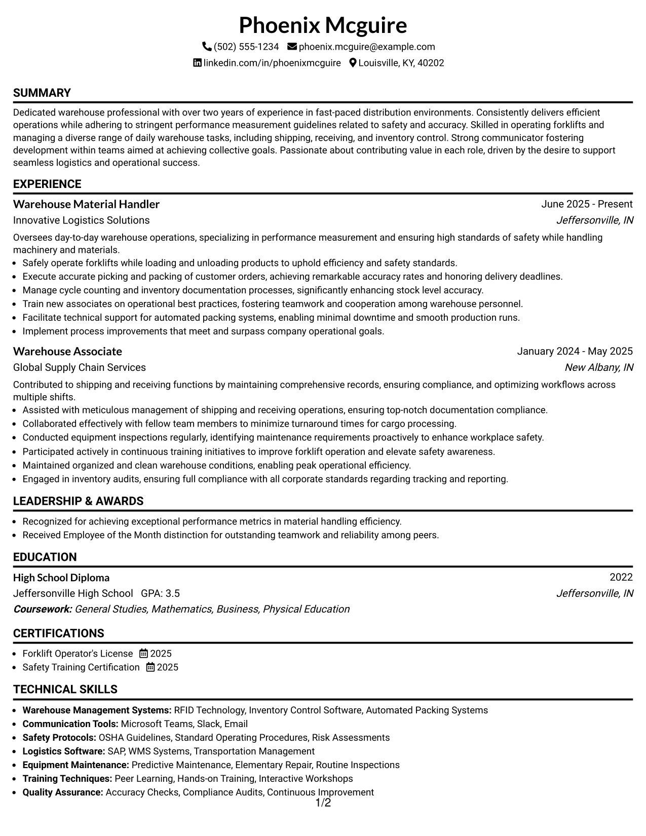 Resume Example Page 1