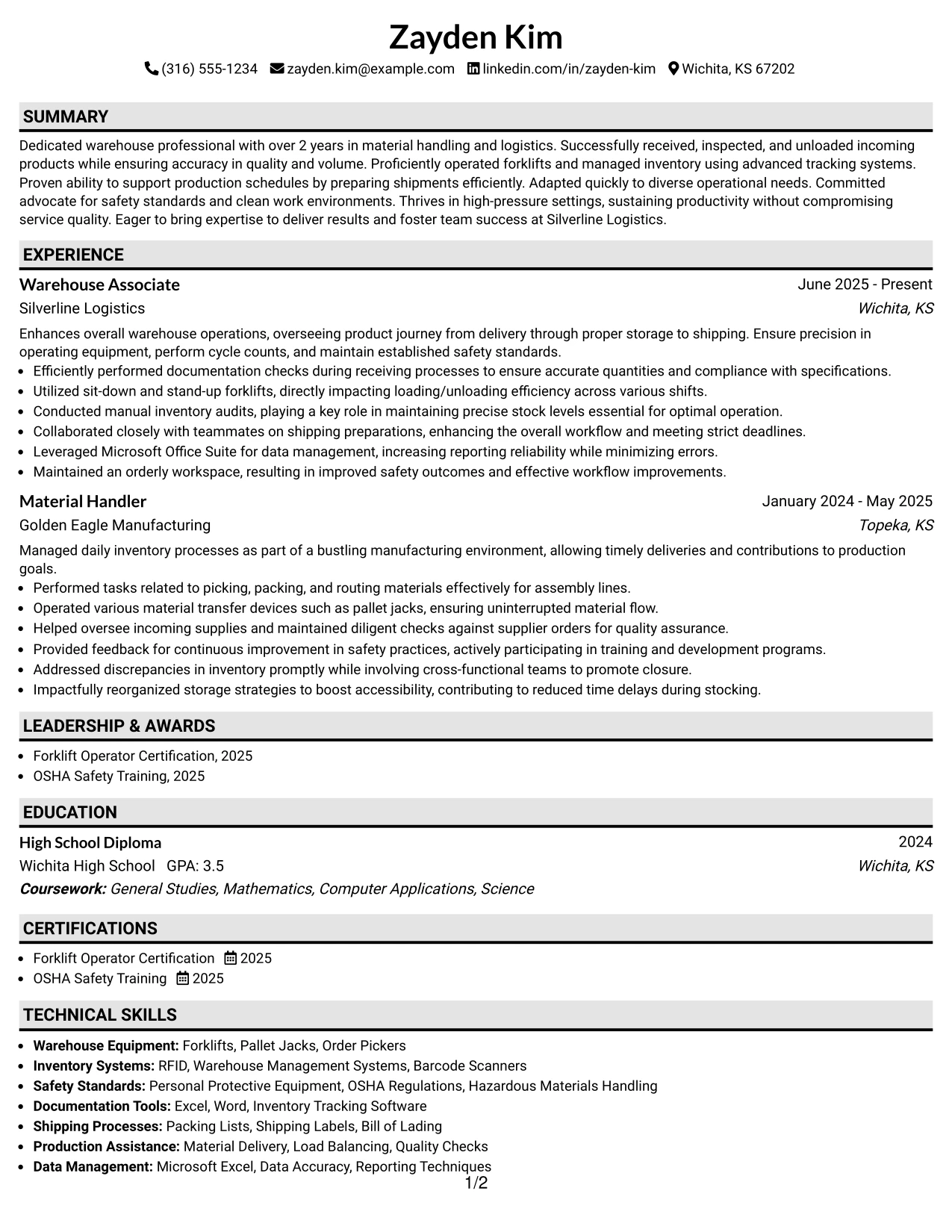 Resume Example Page 1