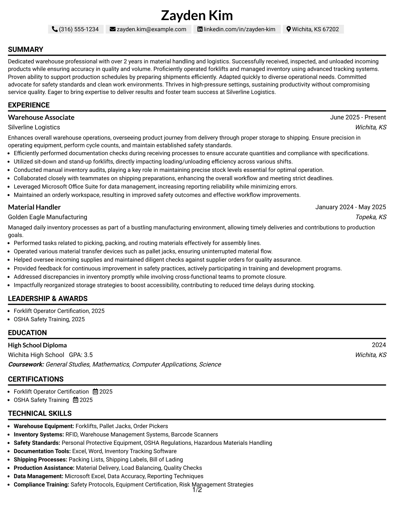Resume Example Page 1