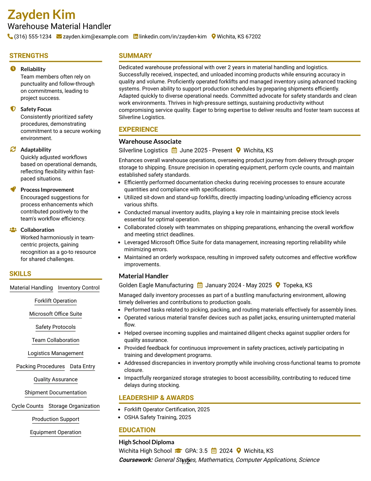 Resume Example Page 1
