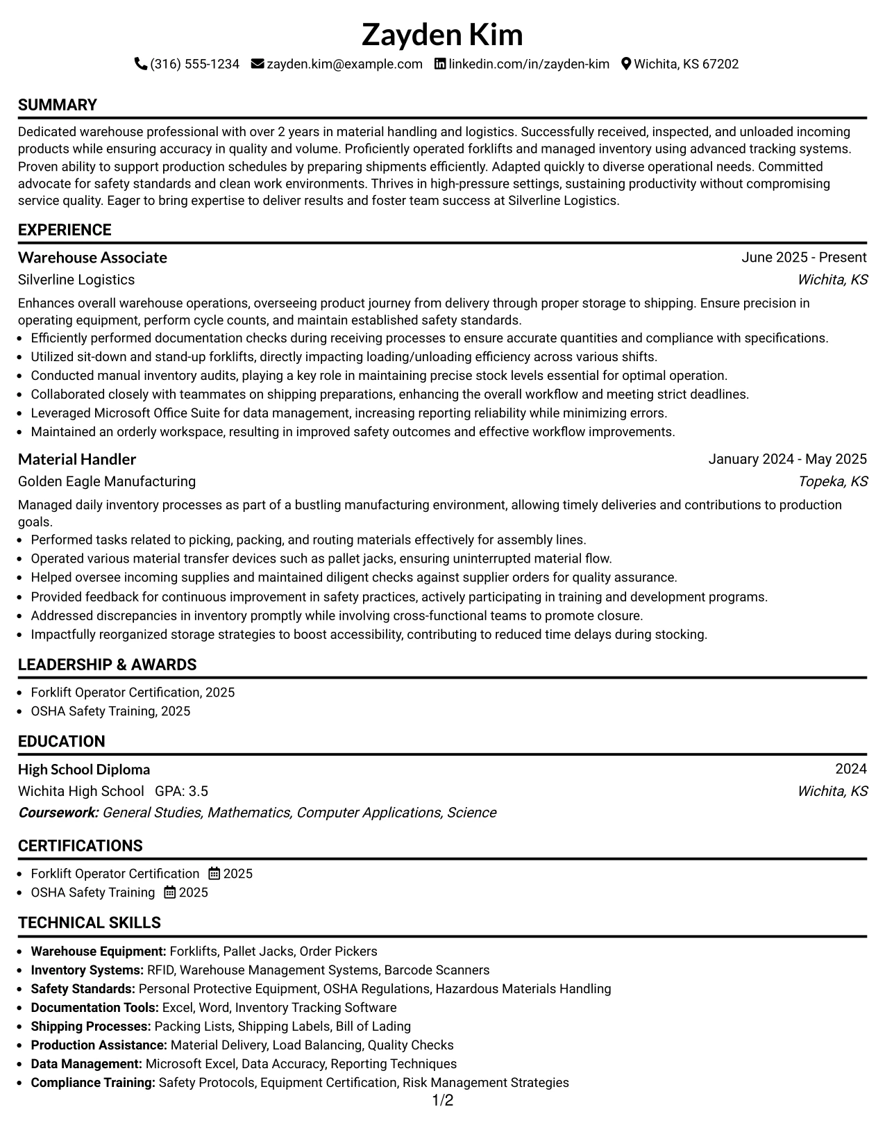 Resume Example Page 1